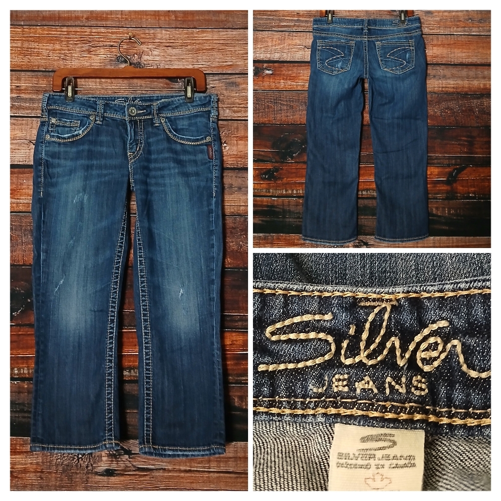 Silver Jeans 29 Aiko Capri Low Rise Distressed Dark Wash Blue Denim Stretch